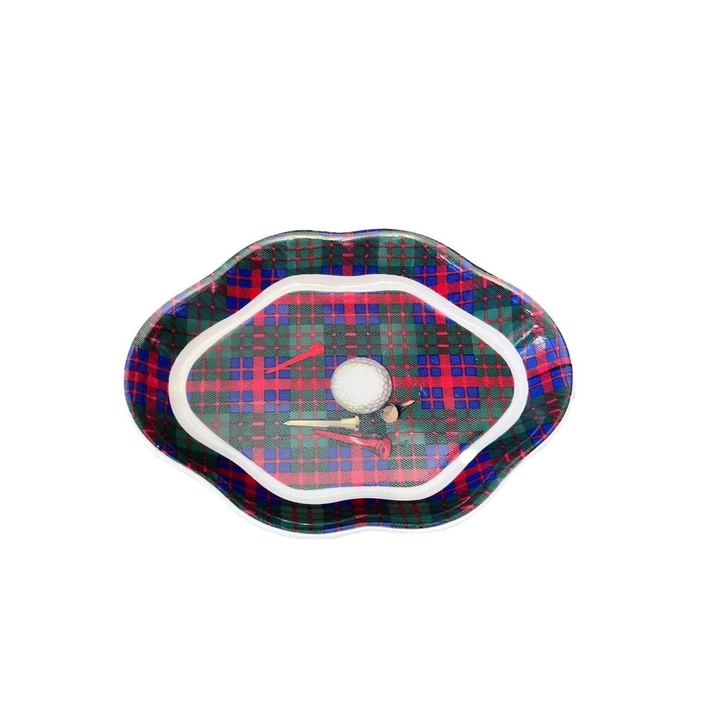Vtg Andrea by Sadek Golf Scalloped Trinket Dish Tartan Plaid Tee Time Sporting
